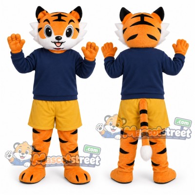Orange Tiger Mascot Costume with Navy Sweater and Yellow Shorts