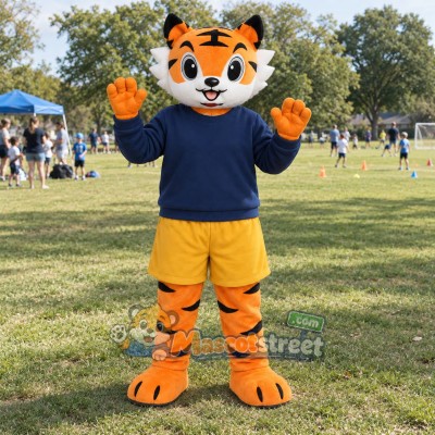 Orange Tiger Mascot Costume with Navy Sweater and Yellow Shorts