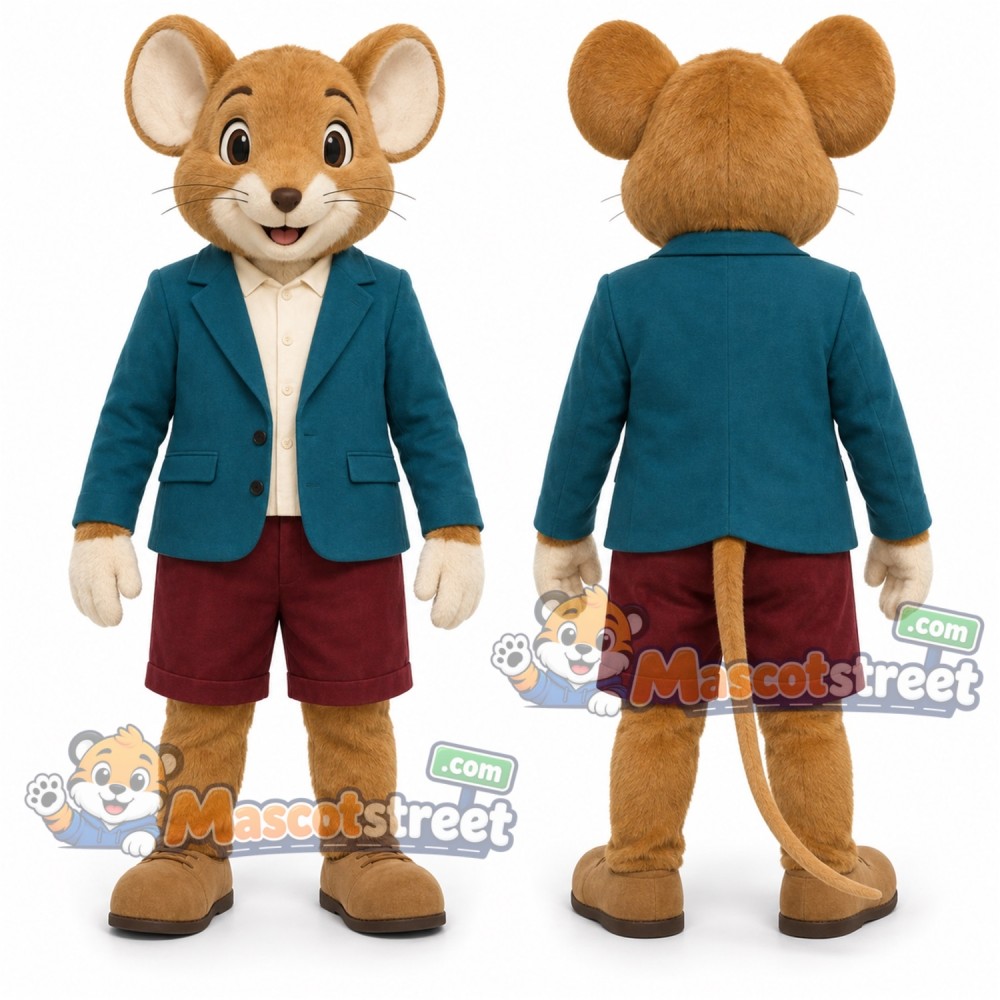 Brown Mouse Mascot Costume with Teal Blazer and Burgundy Shorts
