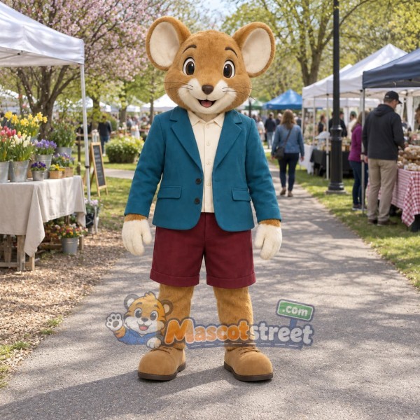 Brown Mouse Mascot Costume with Teal Blazer and Burgundy Shorts