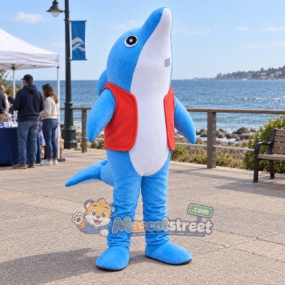 Blue Dolphin Mascot Costume with Red Vest Blue Dolphin Mascot Costume with Red Vest