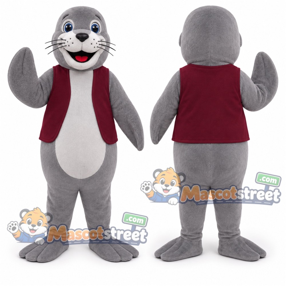 Gray Seal Mascot Costume with Burgundy Vest Gray Seal Mascot Costume with Burgundy Vest