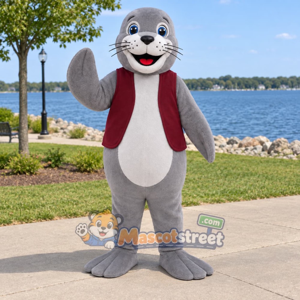 Gray Seal Mascot Costume with Burgundy Vest Gray Seal Mascot Costume with Burgundy Vest