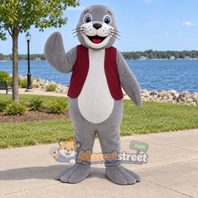 Gray Seal Mascot Costume with Burgundy Vest Gray Seal Mascot Costume with Burgundy Vest