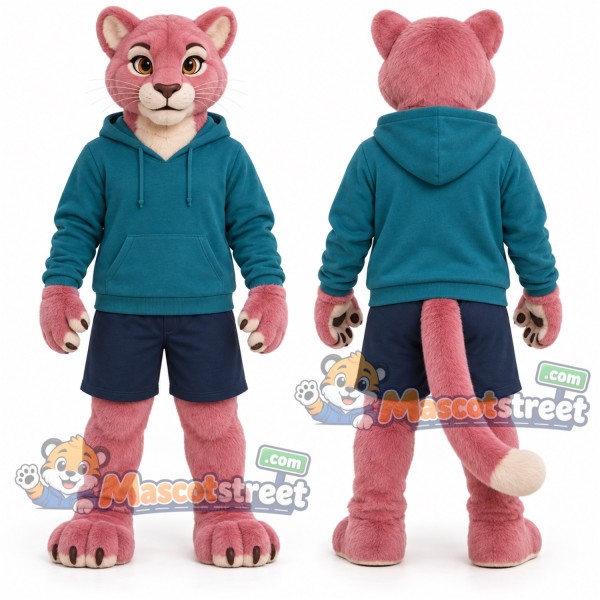 Pink Panther Mascot Costume with Teal Hoodie and Navy Shorts