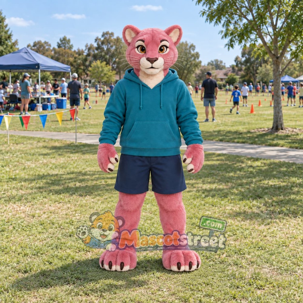 Pink Panther Mascot Costume with Teal Hoodie and Navy Shorts Pink Panther Mascot Costume with Teal Hoodie and Navy Shorts