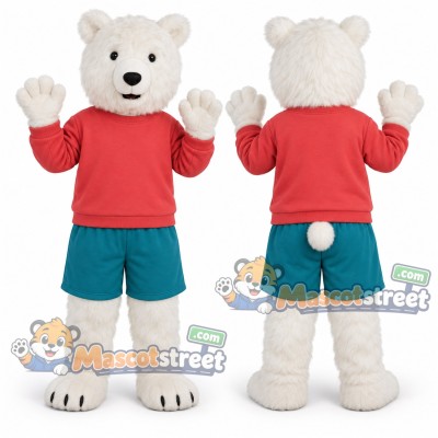 White Polar Bear Mascot Costume with Red Shirt and Teal Shorts White Polar Bear Mascot Costume with Red Shirt and Teal Shorts