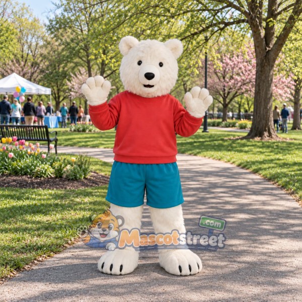 White Polar Bear Mascot Costume with Red Shirt and Teal Shorts
