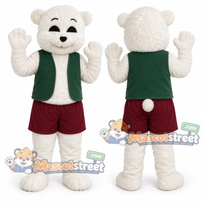 White Polar Bear Mascot Costume with Green Vest and Burgundy Shorts