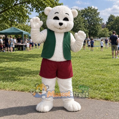 White Polar Bear Mascot Costume with Green Vest and Burgundy Shorts