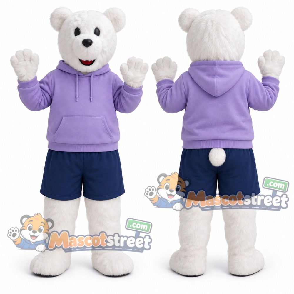 White Polar Bear Mascot Costume with Lavender Hoodie and Navy Shorts