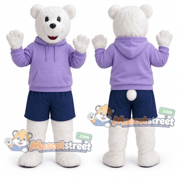 White Polar Bear Mascot Costume with Lavender Hoodie and Navy Shorts