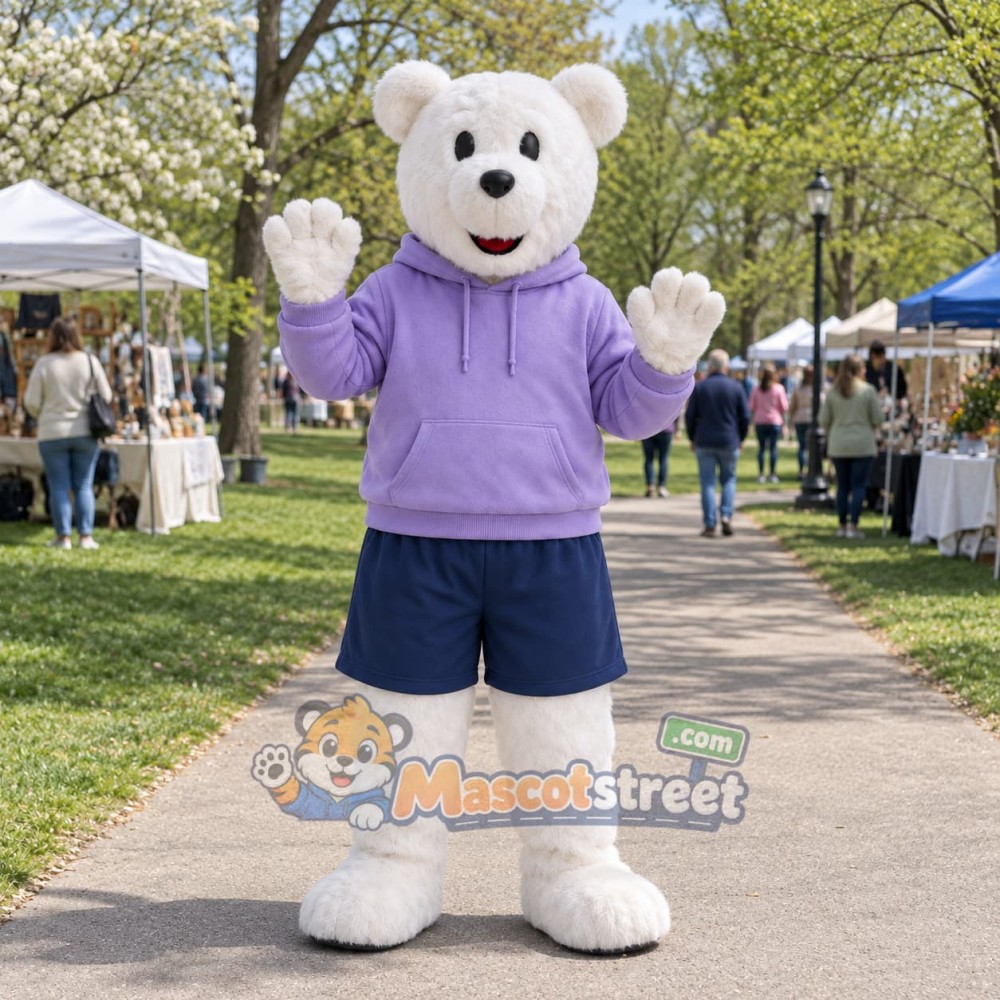 White Polar Bear Mascot Costume with Lavender Hoodie and Navy Shorts