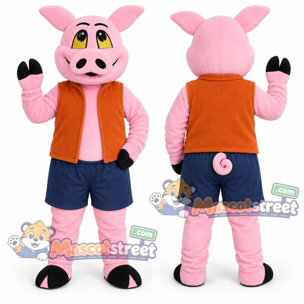 Pink Pig Mascot Costume with Orange Vest and Navy Shorts