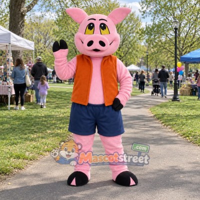 Pink Pig Mascot Costume with Orange Vest and Navy Shorts