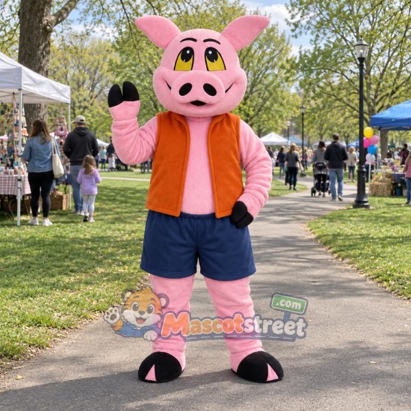 Pink Pig Mascot Costume with Orange Vest and Navy Shorts