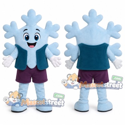 Blue Snowflake Mascot Costume with Teal Vest and Burgundy Shorts Blue Snowflake Mascot Costume with Teal Vest and Burgundy Shorts