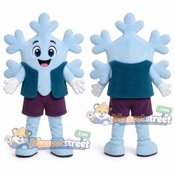 Blue Snowflake Mascot Costume with Teal Vest and Burgundy Shorts