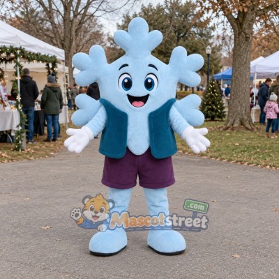 Blue Snowflake Mascot Costume with Teal Vest and Burgundy Shorts Blue Snowflake Mascot Costume with Teal Vest and Burgundy Shorts
