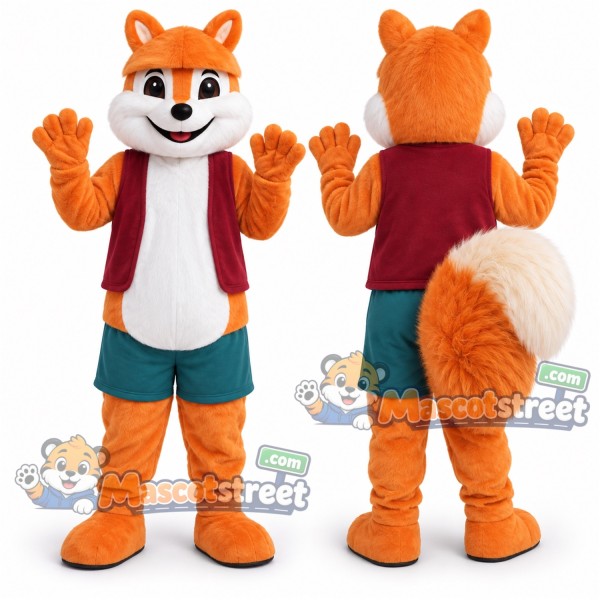 Orange Squirrel Mascot Costume with Burgundy Vest and Teal Shorts