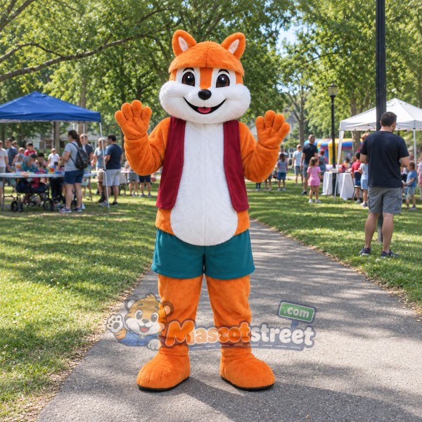 Orange Squirrel Mascot Costume with Burgundy Vest and Teal Shorts