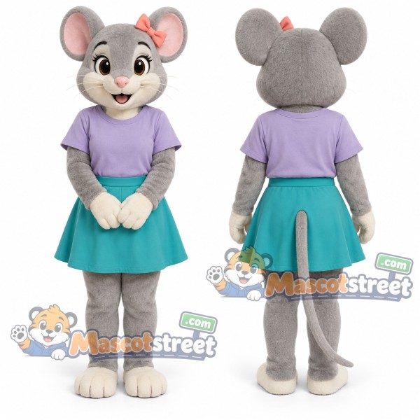Gray Mouse Mascot Costume with Lavender Shirt and Teal Skirt
