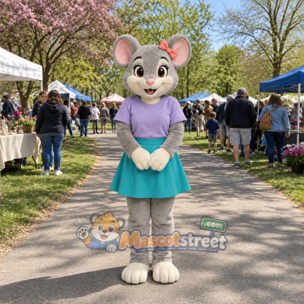 Gray Mouse Mascot Costume with Lavender Shirt and Teal Skirt