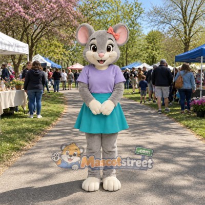 Gray Mouse Mascot Costume with Lavender Shirt and Teal Skirt