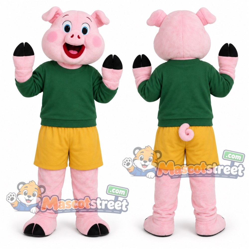Pink Pig Mascot Costume with Green Sweater and Yellow Shorts