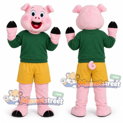 Pink Pig Mascot Costume with Green Sweater and Yellow Shorts