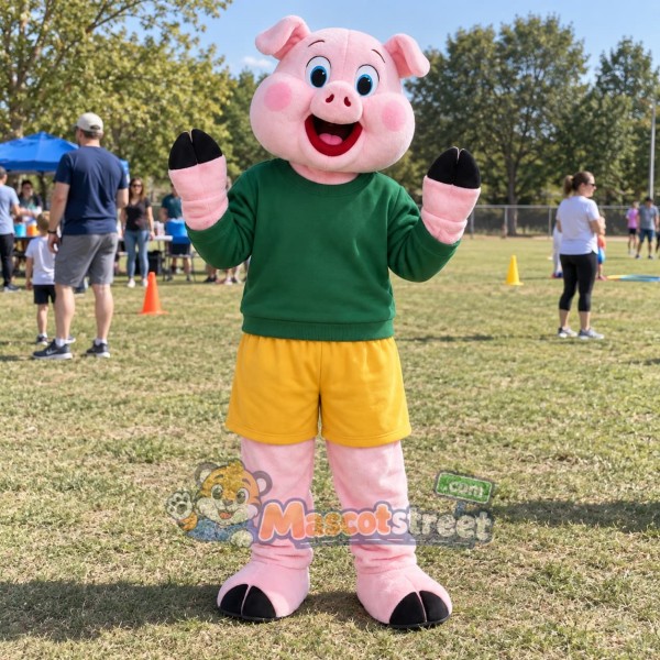 Pink Pig Mascot Costume with Green Sweater and Yellow Shorts
