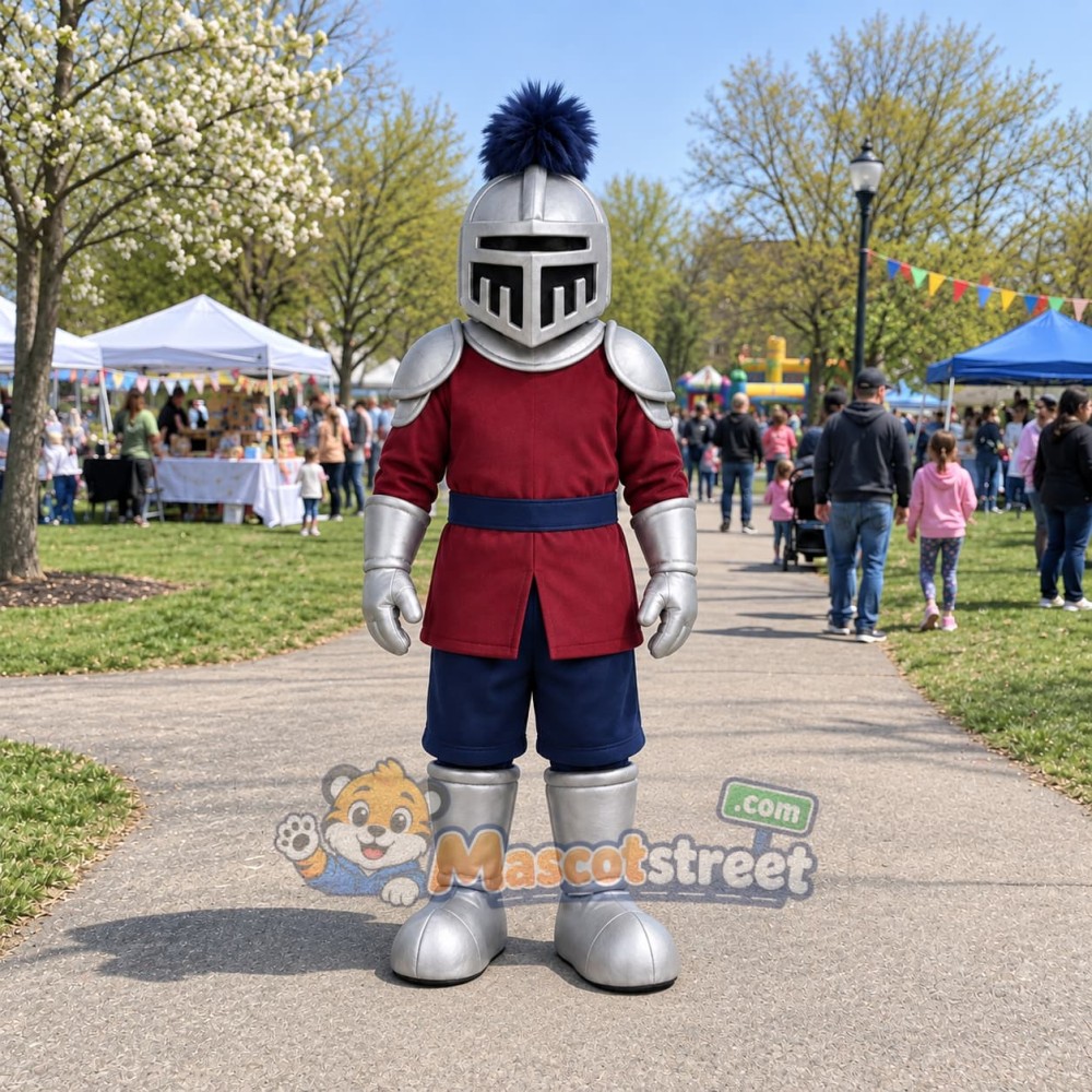 Knight Mascot Costume with Silver Armor and Burgundy Tunic Knight Mascot Costume with Silver Armor and Burgundy Tunic