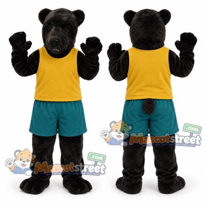 Black Bear Mascot Costume with Yellow Vest and Teal Shorts