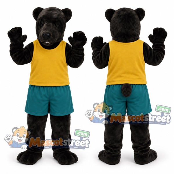 Black Bear Mascot Costume with Yellow Vest and Teal Shorts