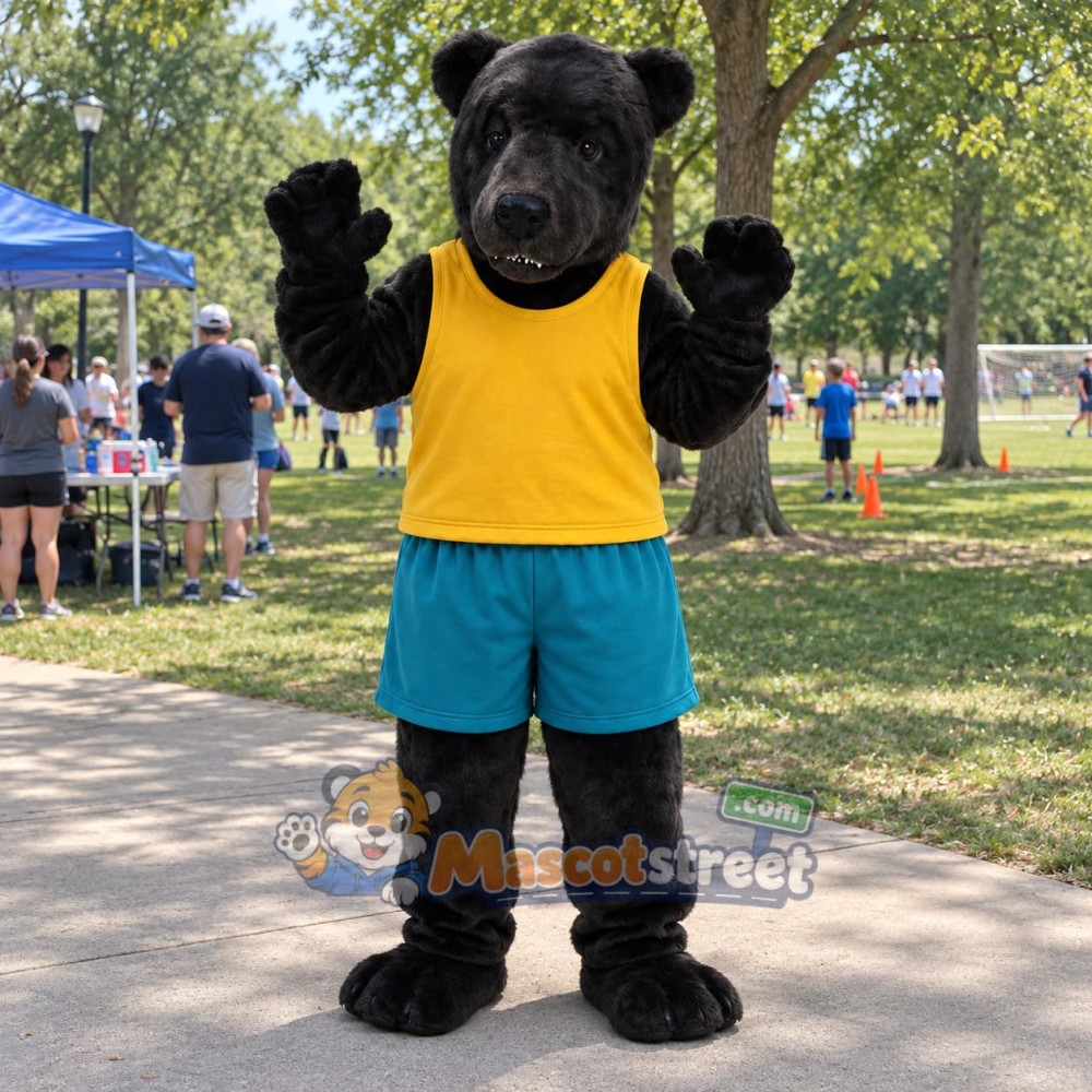 Black Bear Mascot Costume with Yellow Vest and Teal Shorts