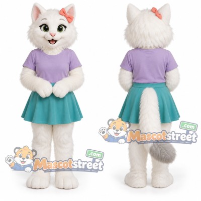 White Cat Mascot Costume with Lavender Shirt and Teal Skirt White Cat Mascot Costume with Lavender Shirt and Teal Skirt