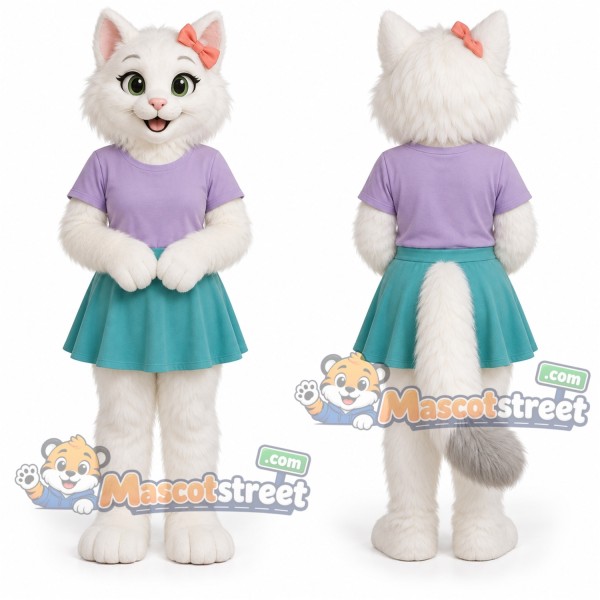White Cat Mascot Costume with Lavender Shirt and Teal Skirt