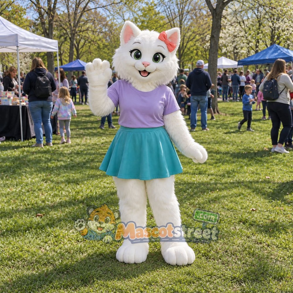 White Cat Mascot Costume with Lavender Shirt and Teal Skirt White Cat Mascot Costume with Lavender Shirt and Teal Skirt