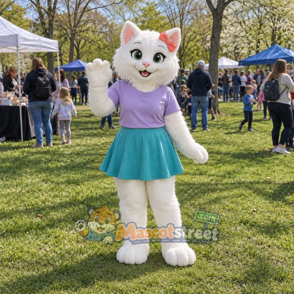 White Cat Mascot Costume with Lavender Shirt and Teal Skirt