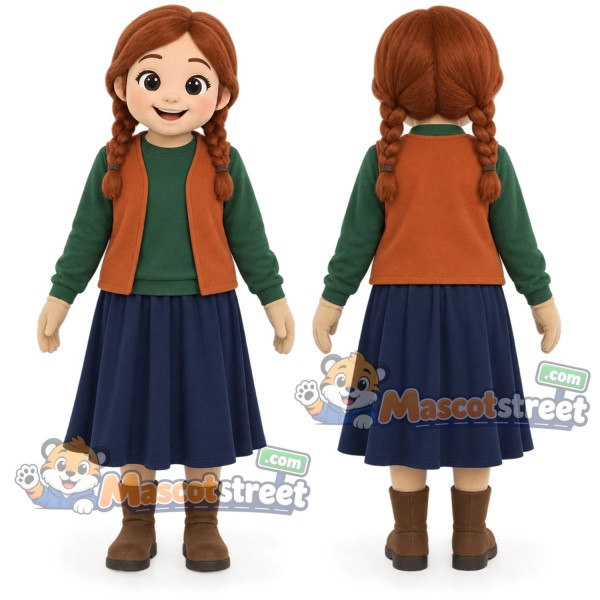 Princess Mascot Costume with Green Shirt, Orange Vest and Navy Skirt