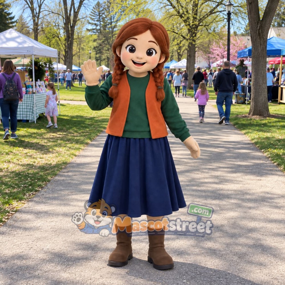 Princess Mascot Costume with Green Shirt, Orange Vest and Navy Skirt Princess Mascot Costume with Green Shirt, Orange Vest and Navy Skirt