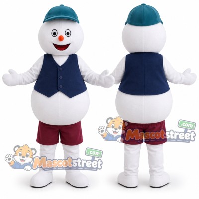 Snowman Mascot Costume with Navy Vest, Burgundy Shorts and Teal Hat