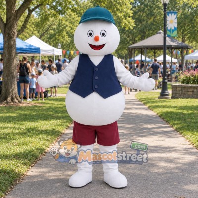 Snowman Mascot Costume with Navy Vest, Burgundy Shorts and Teal Hat