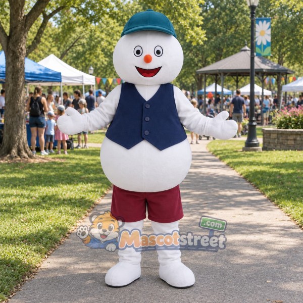 Snowman Mascot Costume with Navy Vest, Burgundy Shorts and Teal Hat