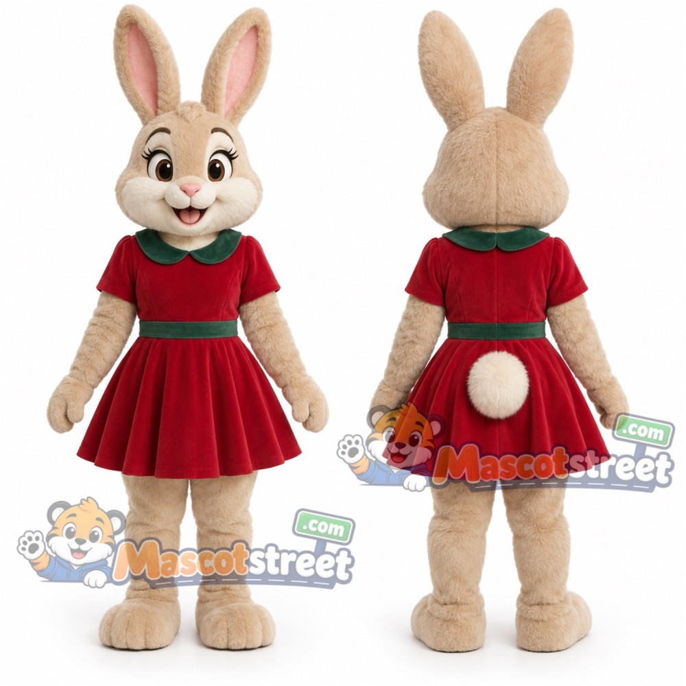 Tan Rabbit Mascot Costume with Red Dress