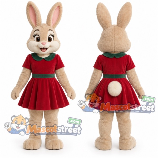 Tan Rabbit Mascot Costume with Red Dress