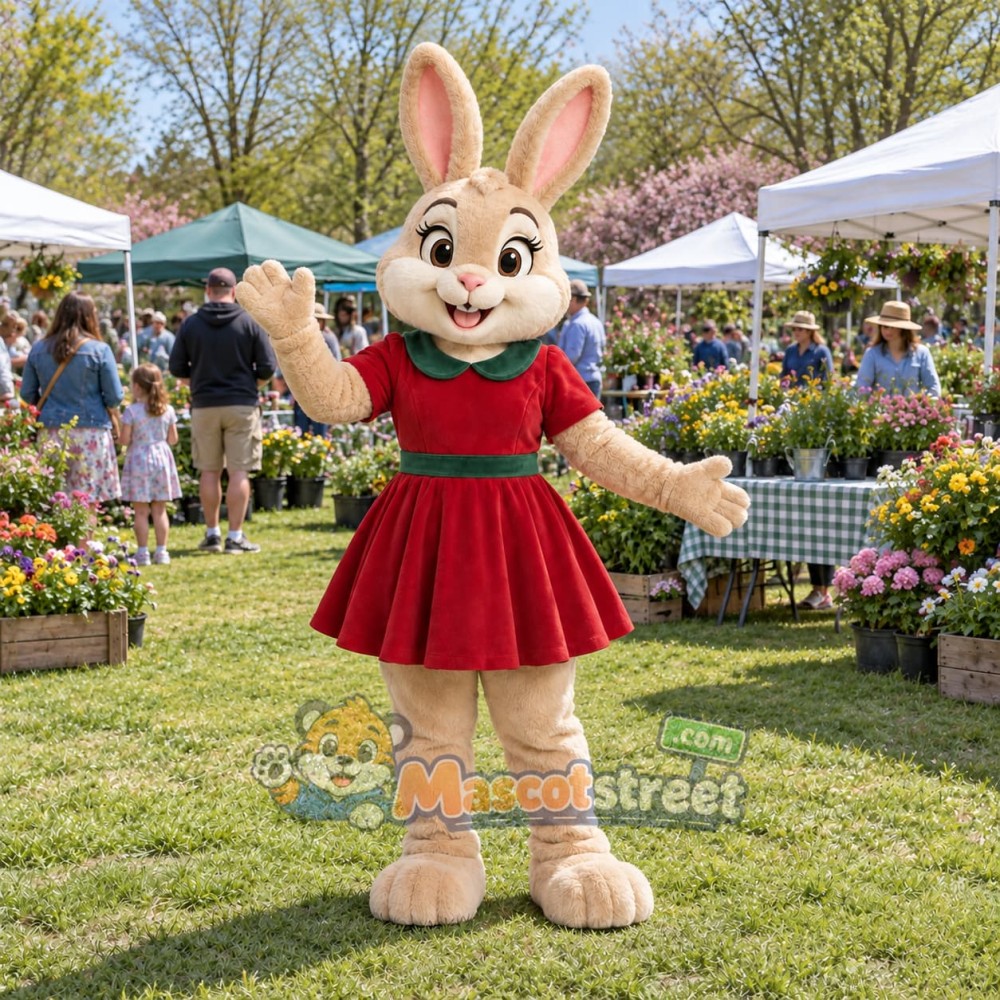 Tan Rabbit Mascot Costume with Red Dress