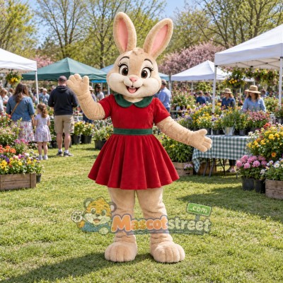 Tan Rabbit Mascot Costume with Red Dress