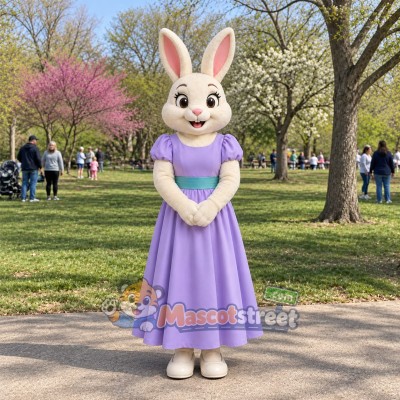 Tan Rabbit Mascot Costume with Lavender Dress Tan Rabbit Mascot Costume with Lavender Dress