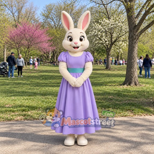 Tan Rabbit Mascot Costume with Lavender Dress